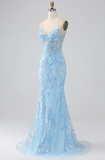 Elegant Light Blue Sequin Prom Dress Sheath V-neck Evening Gown Spaghetti Strap Party Dress Long Formal Dress HZ1024
