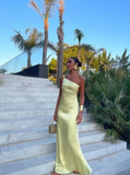 Elegant Yellow Satin Prom Dress One-shoulder Sheath Evening Gown Backless Party Dress Long Formal Dress HZ1024