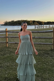 Elegant Chiffon Strapless Prom Dress Sheath Pleated Evening Gown Tiered Party Dress Long Formal Dress HZ1024