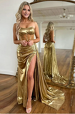 Elegant Golden Strapless Prom Dress Sheath Evening Gown Satin High Slit Party Dress Long Formal Dress HZ1024