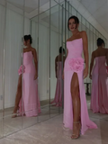 Elegant Pink Strapless Prom Dress Sheath 3D Flower Evening Gown Chiffon High Slit Party Dress Long Formal Dress HZ1024