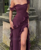 Elegant Purple Ruffled Prom Dress Sheath Evening Gown High Slit Party Dress Long Formal Dress HZ1024