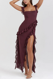 Elegant Purple Ruffled Prom Dress Sheath Evening Gown High Slit Party Dress Long Formal Dress HZ1024