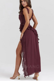 Elegant Purple Ruffled Prom Dress Sheath Evening Gown High Slit Party Dress Long Formal Dress HZ1024