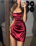 Vintage Burgundy Spaghetti Strap Sheath Bodycon Satin Homecoming Dress Party Dress Short Cocktail Dress HZ1024