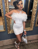 Vintage White Strapless Ruffles Homecoming Dress Sheath Bodycon Party Dress Short Cocktail Dress HZ1024