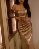 Elegant Golden Mermaid Prom Dress Off-the-shoulder Evening Gown Party Dress Long Formal Dress HZ1024
