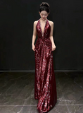Elegant Burgundy Sheath Prom Dress V-neck Sequin Evening Gown Party Dress Long Formal Dress HZ1024
