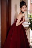 Elegant Burgundy A-Line Prom Dress V-neck Strapless Evening Gown Party Dress Long Formal Dress HZ1024