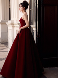 Elegant Burgundy A-Line Prom Dress V-neck Strapless Evening Gown Party Dress Long Formal Dress HZ1024