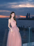 Elegant Pink A-Line Prom Dress Tulle Strapless Evening Gown Party Dress Long Formal Dress HZ1024