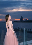 Elegant Pink A-Line Prom Dress Tulle Strapless Evening Gown Party Dress Long Formal Dress HZ1024