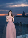 Elegant Pink A-Line Prom Dress Tulle Strapless Evening Gown Party Dress Long Formal Dress HZ1024