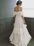 Elegant Ivory Lace Off-the-shoulder A-Line Tiered Wedding Dress HZ1024