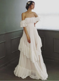 Elegant Ivory Lace Off-the-shoulder A-Line Tiered Wedding Dress HZ1024