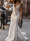 Elegant Lace V-neck Mermaid Beaded Long Wedding Dress HZ1024
