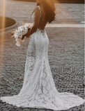 Elegant Lace V-neck Mermaid Beaded Long Wedding Dress HZ1024