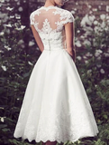Elegant White Applique Cap Sleeve Tea Length A-Line Wedding Dress HZ1024