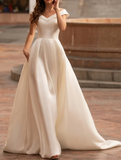 Elegant White V-neck Off-the-shoulder A-Line Satin Trailing Long Wedding Dress HZ1024
