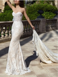 Elegant Ivory Lace Sweetheart Mermaid Straps Trailing Long Wedding Dress HZ1024