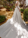 Elegant White Satin Applique V-neck A-Line Long-sleeve Trailing Long Wedding Dress HZ1024