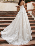 Elegant White Lace Applique Sweetheart A-Line Strapless Trailing Long Wedding Dress HZ1024