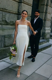 Elegant White Satin Strapless High Slit Sheath Wedding Dress HZ1024