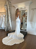 Elegant White Satin Straps V-neck Sheath Trailing Long Wedding Dress HZ1024