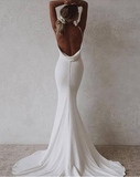 Elegant White Satin Straps V-neck Sheath Trailing Long Wedding Dress HZ1024