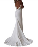 Elegant White Satin Straps V-neck Sheath Trailing Long Wedding Dress HZ1024