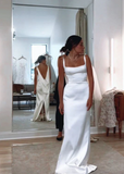 Elegant White Straps Backless Sheath Satin Long Wedding Dress HZ1024