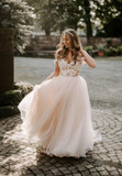 Elegant White Applique Straps A-Line Tulle Trailing Long Wedding Dress HZ1024