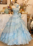 Vintage Sky Blue Spaghetti Strap Sweet 16 Quinceanera A-Line Floor-length Tiered Prom Dress Birthday Dress Evening Dress Ball Gown HZ1024