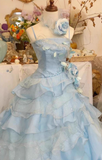 Vintage Sky Blue Spaghetti Strap Sweet 16 Quinceanera A-Line Floor-length Tiered Prom Dress Birthday Dress Evening Dress Ball Gown HZ1024