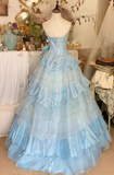 Vintage Sky Blue Spaghetti Strap Sweet 16 Quinceanera A-Line Floor-length Tiered Prom Dress Birthday Dress Evening Dress Ball Gown HZ1024