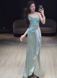 Elegant Aqua Spaghetti Strap Prom Dress Satin Evening Gown Sheath Party Dress Long Formal Dress HZ1024