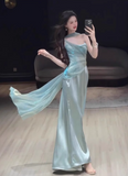 Elegant Aqua Spaghetti Strap Prom Dress Satin Evening Gown Sheath Party Dress Long Formal Dress HZ1024