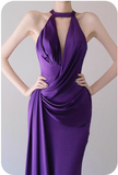 Elegant Purple V-neck Prom Dress Satin Evening Gown Sheath Party Dress Trailing Long Formal Dress HZ1024