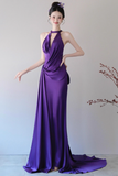 Elegant Purple V-neck Prom Dress Satin Evening Gown Sheath Party Dress Trailing Long Formal Dress HZ1024