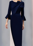 Elegant Navy Blue Sheath Bell Sleeve Mother of Bride Dress Scoop Neck Evening Gown Ankle Length Formal Dress HZ1024