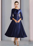 Elegant Embroidery Satin A-Line Mother of Bride Dress Bateau Neck Evening Gown Tea Length Formal Dress HZ1024