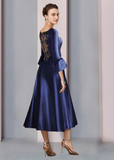 Elegant Embroidery Satin A-Line Mother of Bride Dress Bateau Neck Evening Gown Tea Length Formal Dress HZ1024