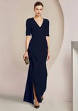 Elegant Navy Blue Sheath V-neck Mother of Bride Dress Slit Evening Gown Long Formal Dress HZ1024