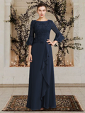 Elegant Navy Blue Embroidery Mother of Bride Dress Jewel Neck Evening Gown Ruffled Long Formal Dress HZ1024