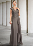Vintage V-neck Chiffon Applique Mother of Bride Dress Cap Sleeve Evening Gown Floor Length Formal Dress HZ1024