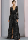 Elegant Black V-neck A-Line Lace Sequined Mother of Bride Dress Long-sleeved Evening Gown Long Formal Dress HZ1024