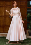 Elegant Pink Satin Mother of Bride Dress Half Sleeve Lace Evening Gown Ankle Length Formal Dress HZ1024