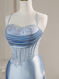 Vintage Sky Blue Applique Sequin Sheath Sweetheart Satin Evening Gown Spaghetti Strap Party Dress Slit Ruffled Long Formal Dress HZ1024
