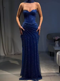 Vintage Royal Blue Sequin Sheath Sweetheart Satin Evening Gown Strapless Party Dress Slit Pleated Long Formal Dress HZ1024