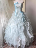Chic Sky Blue A-Line Evening Gown Strapless Ribbon Bow Ball Gown Long Ruffled Tulle Formal Dress HZ1024